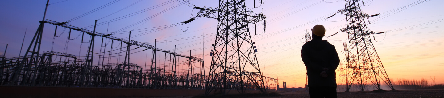 Lineman looking at power lines.